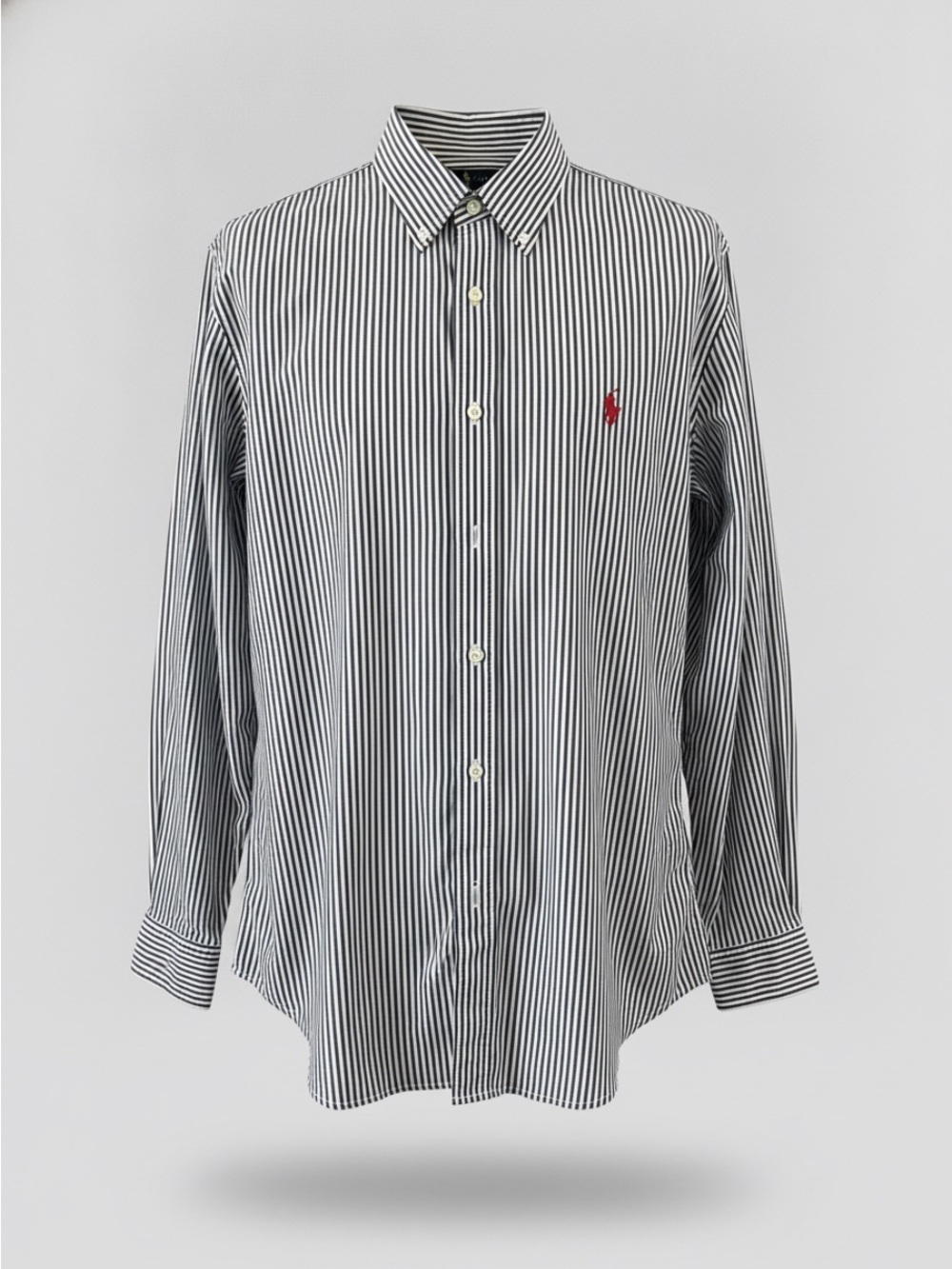 Polo by Ralph Lauren Navy and White Striped Button-Down Shirt with Red Pony